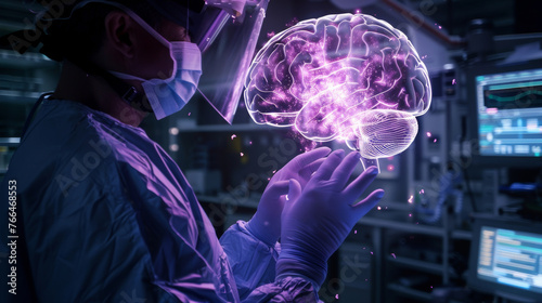 A neurosurgeon gestures towards a holographic brain projection, futuristic medical healthcare technology.