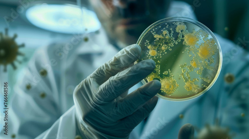 A gloved hand holds a petri dish containing yellow bacterial growth against a backdrop of virus illustrations.