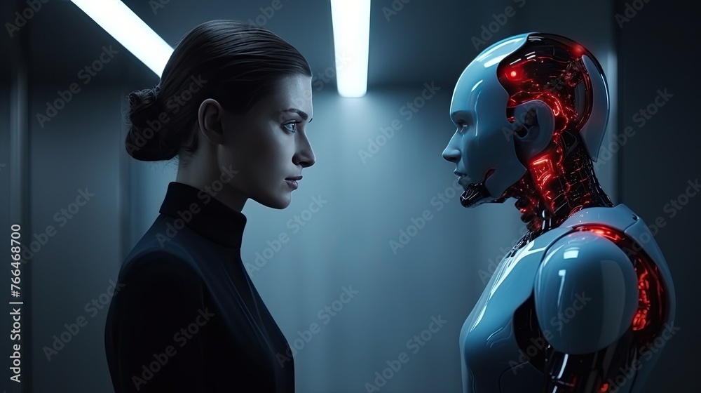 Couple in love: a man and a futuristic android robot. Technological sci-fi background. Relationship between human and artificial intelligence. - obrazy, fototapety, plakaty 