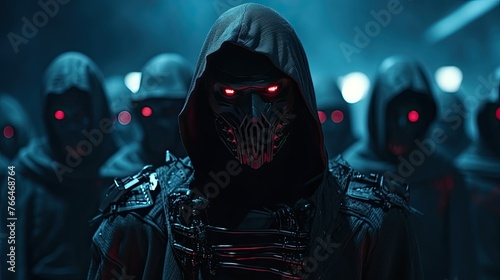 Evil skeleton robot in metal armor. Skull of futuristic evil cyborg in hood. Technology, robotics, artificial intelligence and future concept.