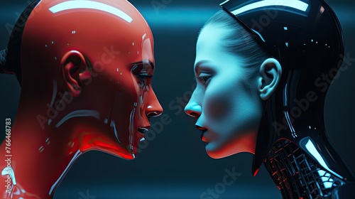 Couple in love: a man and a futuristic android robot. Technological sci-fi background. Relationship between human and artificial intelligence. #766468783