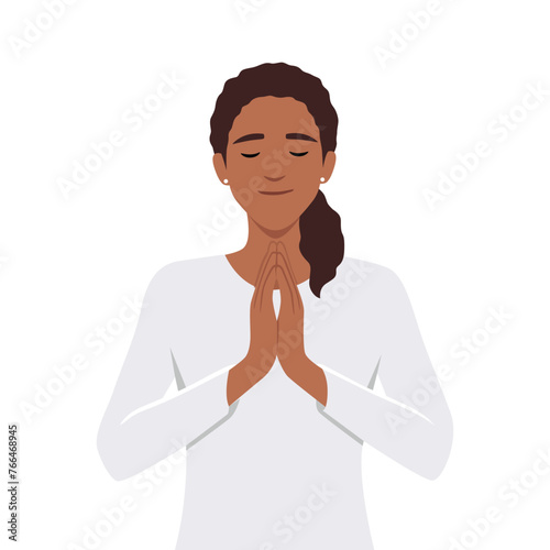 Young woman praying.Beautiful woman meditates. Zen and relaxation. Flat vector illustration isolated on white background