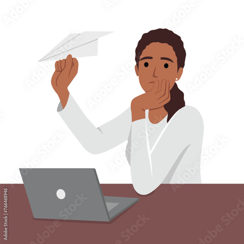 Unmotivated woman freelancer procrastinating sitting at office desk with laptop and launching paper planes. Flat vector illustration isolated on white background