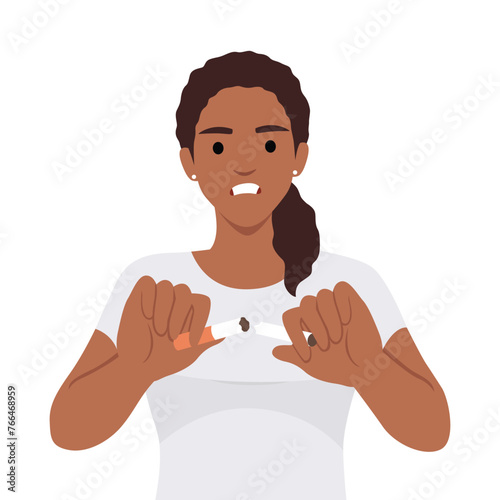 Woman breaks cigarette refusing to use products of tobacco corporations that are harmful to health. Flat vector illustration isolated on white background