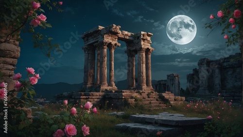 The ruins of an ancient temple with wildn roses climbin