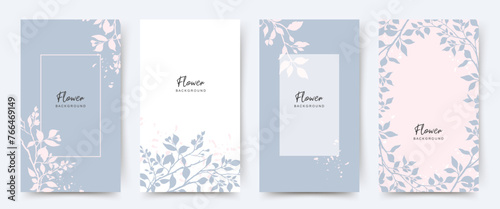 Floral background. Elegant pattern of branches and leaves in pastel blue and pink colors. Editable vector template for social media post, card, cover, invitation, poster, web advertising