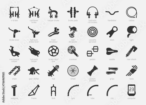 Bicycle Parts Vector Icon Set in Glyph Style