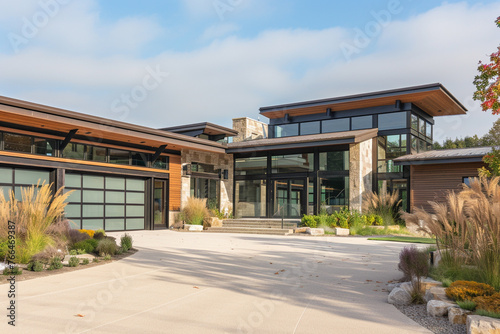 House reflecting the majesty of an eagle's wings with a spacious interior layout in a close exterior view with a background color of soft lime green © Counter
