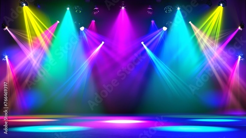 Stage with spotlight and colorful lights on a purple background vector illustration.