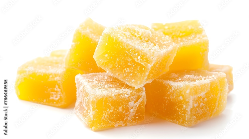 Sugared yellow ginger cubes isolated on white background Sugared yellow ginger cubes isolated on white background