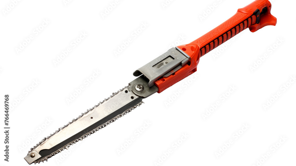 A red and black saw lay side by side on a stark white background A red and black saw lay side by side on a stark white background