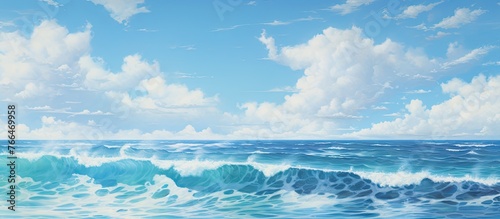Artistic depiction of a powerful wave breaking on the shore captured on canvas in a realistic beach setting