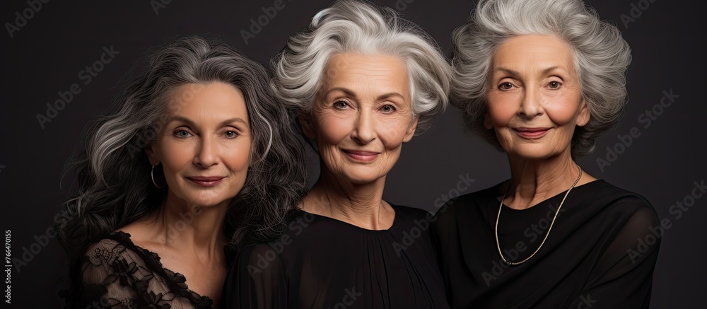 Fototapeta premium Elderly ladies with gray hair smiling and standing together for a group photo, showcasing age diversity and friendship