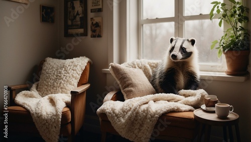 An unexpected yet charming sight of a badger comfortably resting in a cozy living room with quaint décor