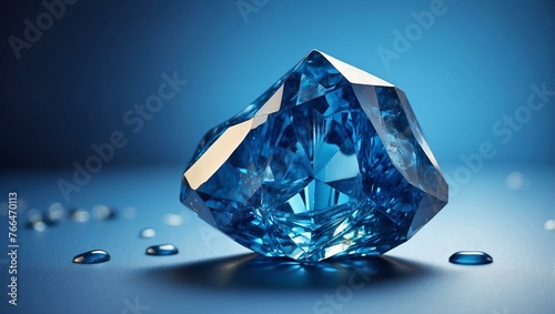 This beautiful composition highlights an immaculately cut, intensely blue diamond resting on a smooth backdrop with water droplets