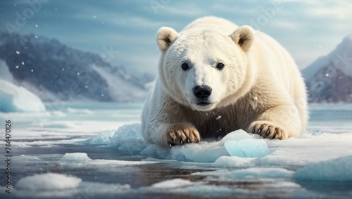 Striking image displaying a polar bear navigating through melting ice in a frigid arctic landscape