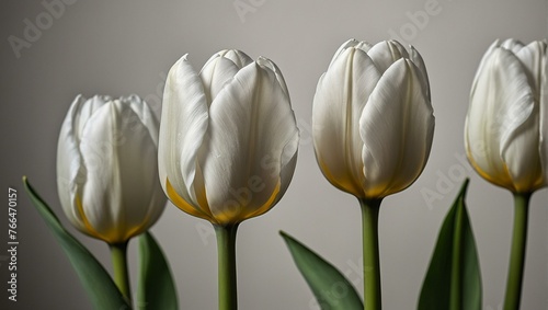 A close-up of five beautiful white tulips with yellow bases, highlighted against a neutral backdrop