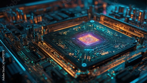 Close-up of an illuminated CPU chip emanating vibrant colors, illustrating the beauty and power of modern computer technology