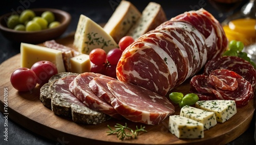A sumptuous display of various cured meats and artisanal cheeses accompanied by grapes and tomatoes on a wooden board