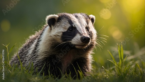 A captivating close-up of a wild badger bathed in sunlight, showcasing its detailed fur texture and curious expression