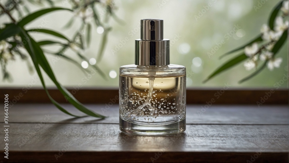 A classic transparent perfume bottle with sparkling water droplets, placed on a wooden ledge against a light background A classic transparent perfume bottle with sparkling water droplets, placed on a wooden ledge against a light background