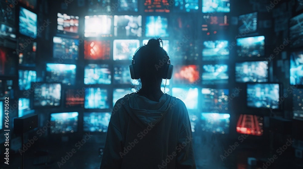 Capture a close-up shot of a person lost in thought, surrounded by digital screens, symbolizing the isolation of solipsism in a tech-driven world Explore the intersection of human consciousness and ar