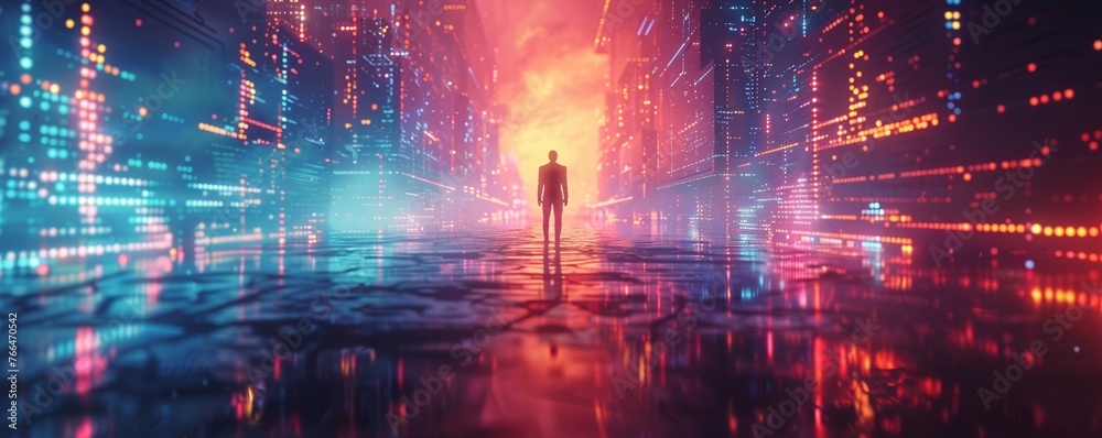 Capture the essence of cybersecurity evolution! Show a sleek, futuristic cyborg standing guard in a neon-lit digital realm, symbolic of the ever-changing landscape of cybersecurity