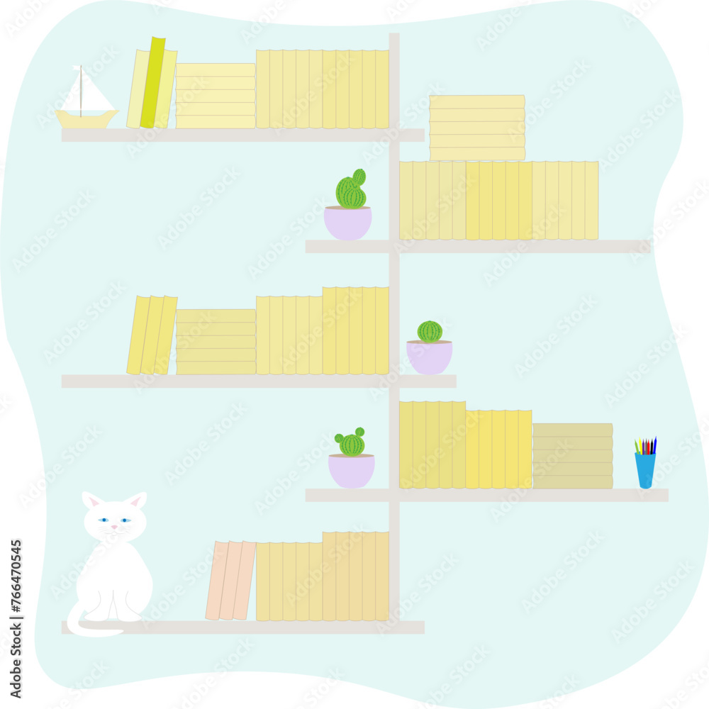 Five bookshelves with books, a boat, a white cat, cacti and pencils. The concept of a library,school,workplace Five bookshelves with books, a boat, a white cat, cacti and pencils. The concept of a library,school,workplace