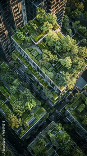 Capture an aerial view showcasing innovative ways to blend nature into urban landscapes, emphasizing the harmony between green spaces and city structures Highlight the integration of parks, green roof