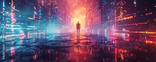 Capture the essence of cybersecurity evolution  Show a sleek  futuristic cyborg standing guard in a neon-lit digital realm  symbolic of the ever-changing landscape of cybersecurity