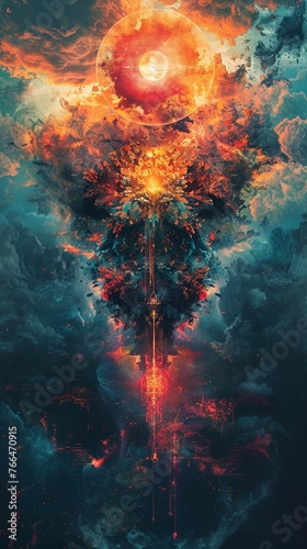 Craft a mesmerizing panoramic artwork that encapsulates the duality of human nature and the constant pursuit of balance and harmony Blend contrasting elements like light and shadow, chaos and order, t