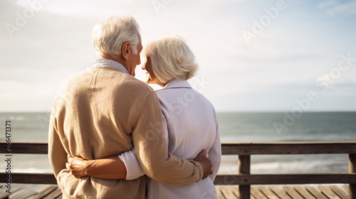 A couple of older people are standing on a pier, looking out at the ocean