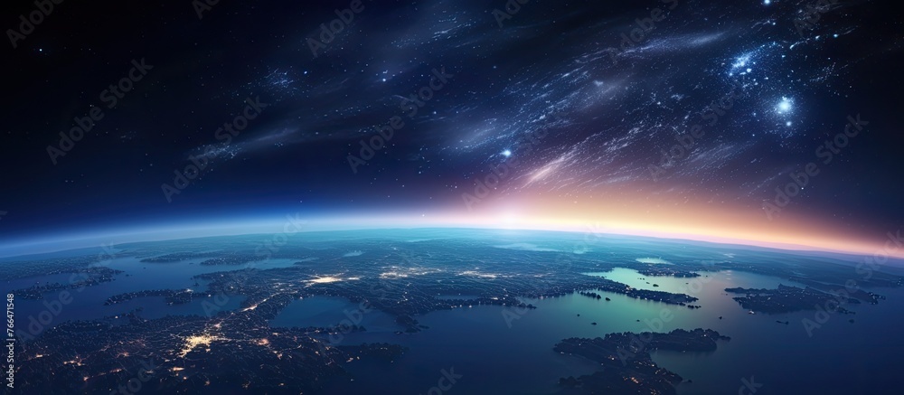 A mesmerizing aerial view of Earth from space at night, showcasing the illuminated cities, dazzling auroras, and the vast expanse of the atmospheric phenomenon