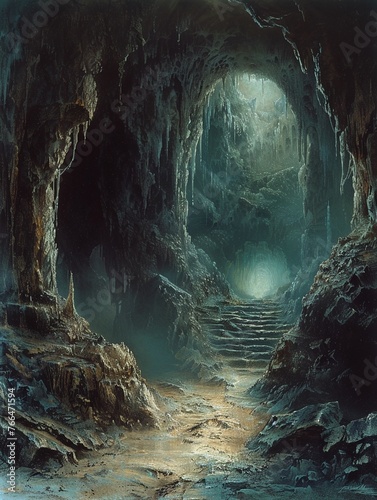 Embark on a visual journey into the unknown depths of underground realms Show a captivating frontal view revealing the mysterious beauty of subterranean landscapes Let the image evoke a sense of adven