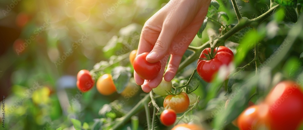 A Close-up of a hand picking ripe tomatoes from the vine in a garden A Close-up of a hand picking ripe tomatoes from the vine in a garden