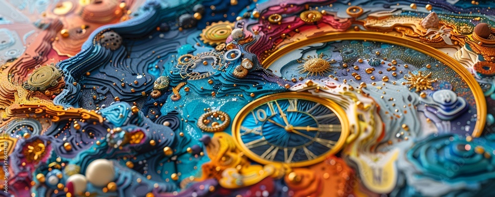 Illustrate the concept of time from a birds eye view, blending iconic elements from different cultures to showcase their distinct perspectives on time Use vibrant colors and intricate details to evoke
