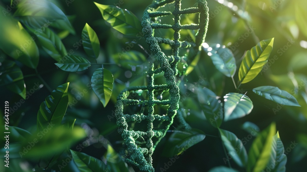 A digitally rendered DNA helix surrounded by green plant leaves A digitally rendered DNA helix surrounded by green plant leaves