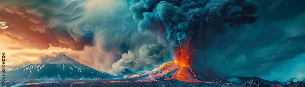 A Dramatic volcanic eruption spewing molten lava and a massive ash cloud into the sky. - obrazy, fototapety, plakaty 