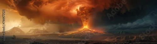 A Dramatic volcanic eruption spewing molten lava and a massive ash cloud into the sky.