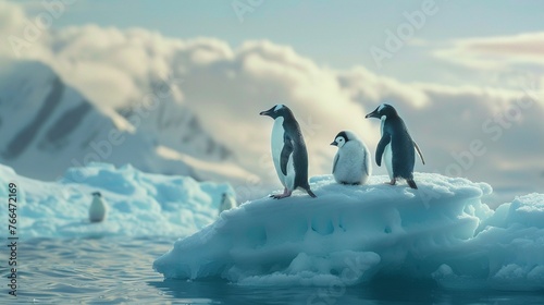 A family of penguins gathers atop a small iceberg against a backdrop of the Antarctic landscape.