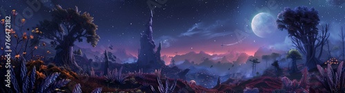A fantasy landscape with alien flora under a night sky illuminated by a distant moon and stars.