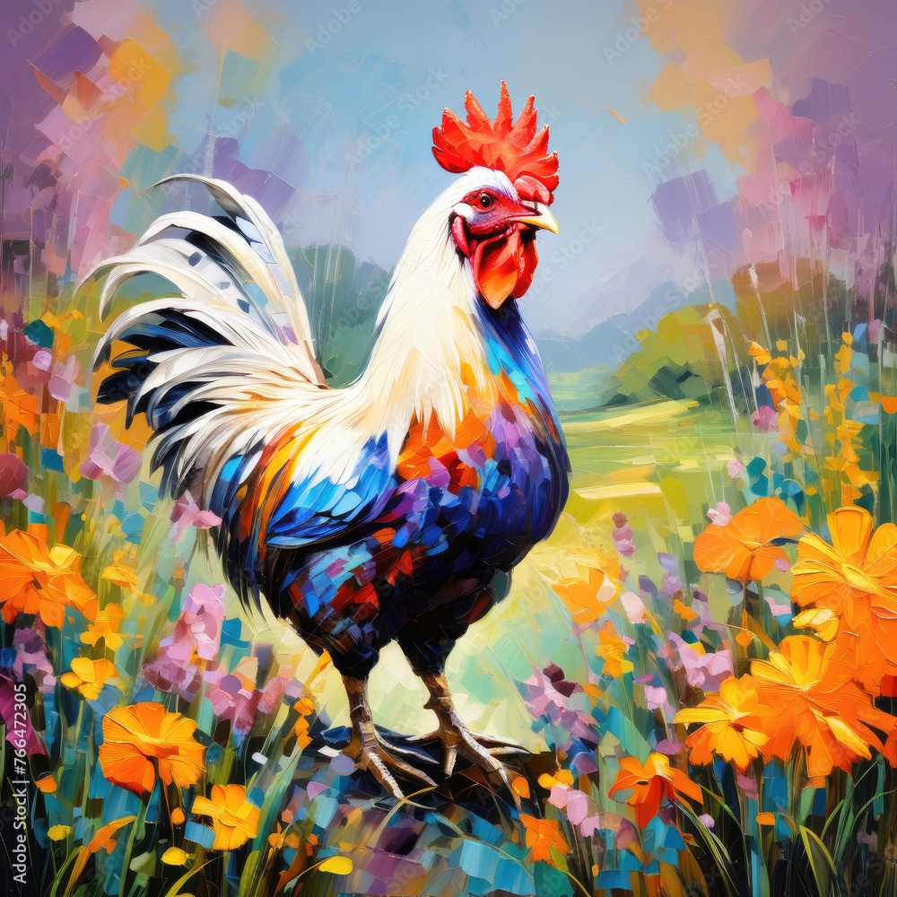 A rooster in rural area art painting.