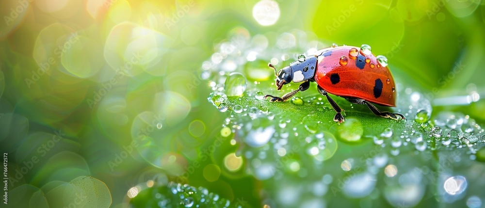 A ladybug exploring the surface of a green leaf covered with fresh morning dew. A ladybug exploring the surface of a green leaf covered with fresh morning dew.