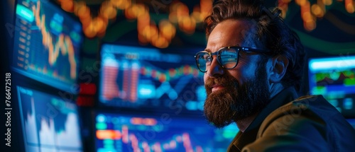 A Joyful bearded trader analyzing glowing stock market graphs on multiple computer screens.
