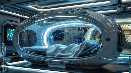 A high-tech medical pod sits in a science fiction environment