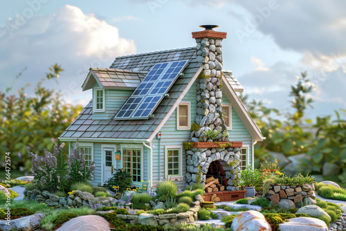 A classic cottage miniature showcasing a blend of charming old-world design and modern solar technology, set against a backdrop of robin's egg blue 