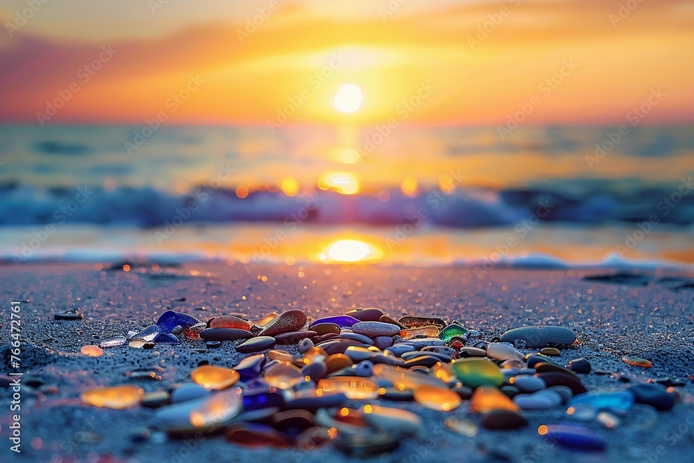 Obraz premium A Multicolored sea glass pebbles scattered on sandy beach with sunset in the background.