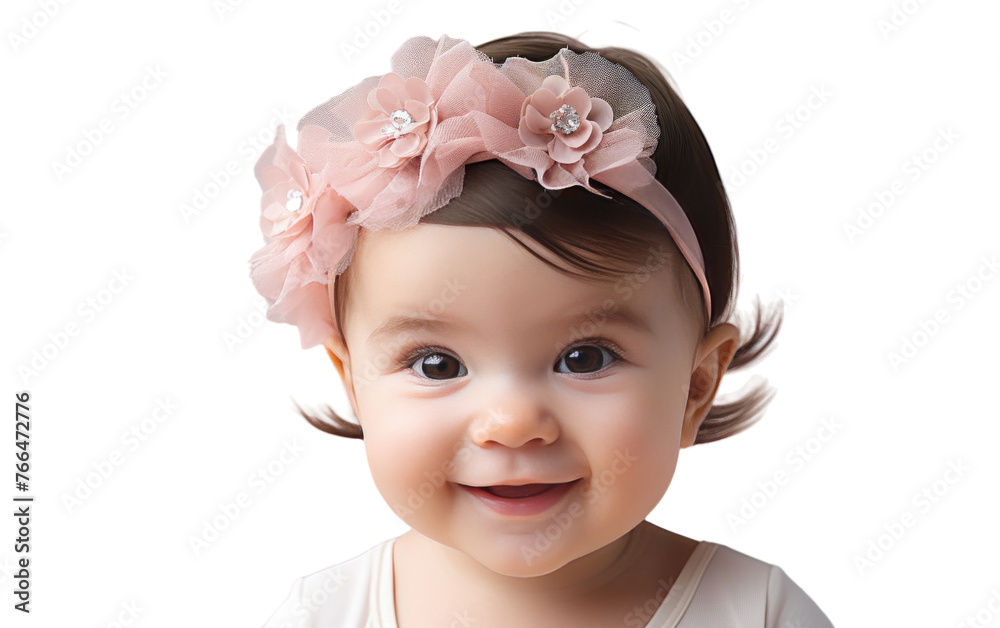 A baby girl with a pink flower tucked in her hair looks up with wonder A baby girl with a pink flower tucked in her hair looks up with wonder
