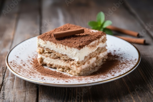 Delicious tiramisu on a plastic tray against a whitewashed wood background