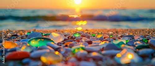 A Multicolored sea glass pebbles scattered on sandy beach with sunset in the background.